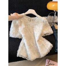 批发实拍2026<b class='q'>新款</b>夏季创意立体花亮片重工欧根纱灯笼袖圆领上衣