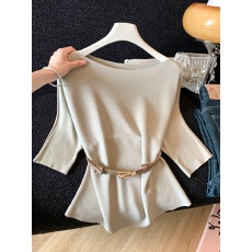 批发实拍法式纯色慵懒风薄款圆领宽松短袖针织衫配皮带上衣女夏季