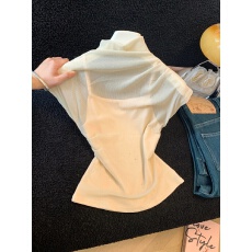 批发实拍t恤夏季新款修身短袖上衣半高领拼接网纱轻薄假两件气质上衣