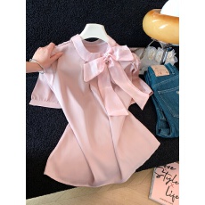 批发实拍2026夏新款上衣女时尚蝴蝶结钉珠个性设计领纯色衬衫气质小衫