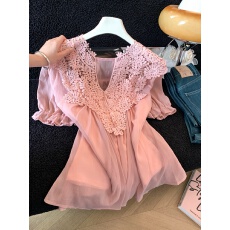 批发实拍蕾丝拼接花边v领<b class='q'>雪纺衫女</b>夏季宽松气质短袖+小衫内搭吊带上衣