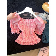 批发实拍2026夏季新款设计感短款<b class='q'>泡泡袖</b>可拉一字肩洋气气质上衣