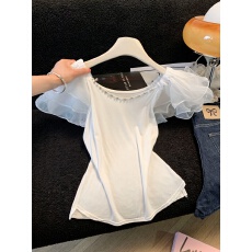 批发实拍2026短袖上衣夏季新款套头重工钉钻简约飞飞袖短袖气质上衣