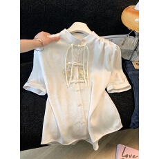 批发实拍新中式盘扣缎面短袖2026年夏季新款国风刺绣<b class='q'>真丝</b>短袖雪纺<b class='q'>衬衣</b>