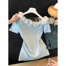 批发实拍斜肩设计感拼接蕾丝花边短袖针织夏季新款<b class='q'>不规则</b>收腰显瘦上衣