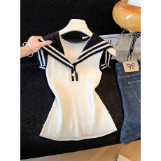 批发实拍法式海军领v领冰丝针织短袖t恤<b class='q'>女</b>夏撞色无袖背心修身披肩上衣