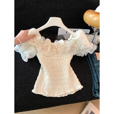 实拍一字肩荷叶边雪纺衬衫女夏季纯欲法式露肩上衣独特绝美衬衣