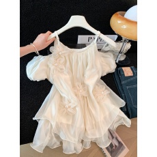 批发实拍温柔风纯欲性感露肩吊带雪纺衫立体花朵超仙气<b class='q'>中长款</b>上衣