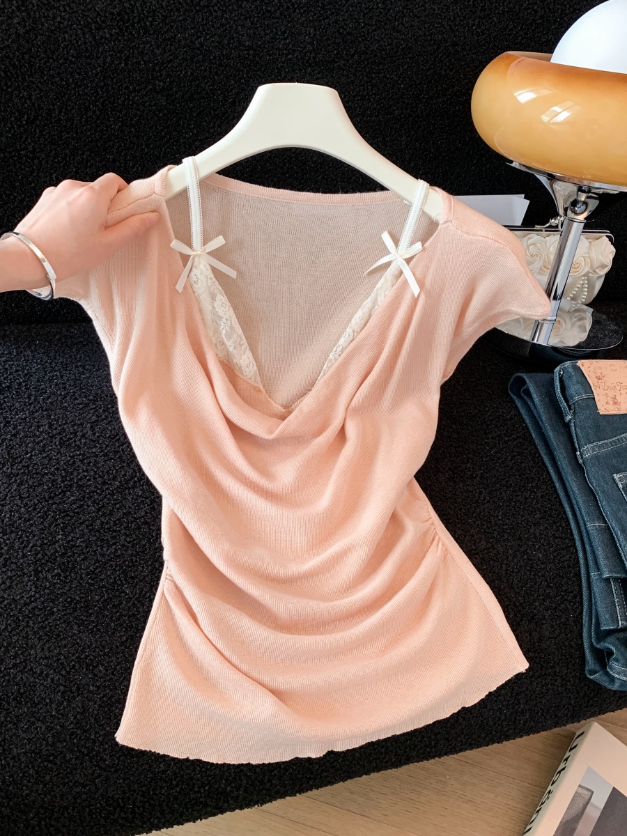 실사 도파민 순수한 욕망 바람 니트 스웨터 디자인 센스 패션 몸매 가꾸기 주름 반팔 달콤한 매운맛 chic 흔들다 칼라 맨위