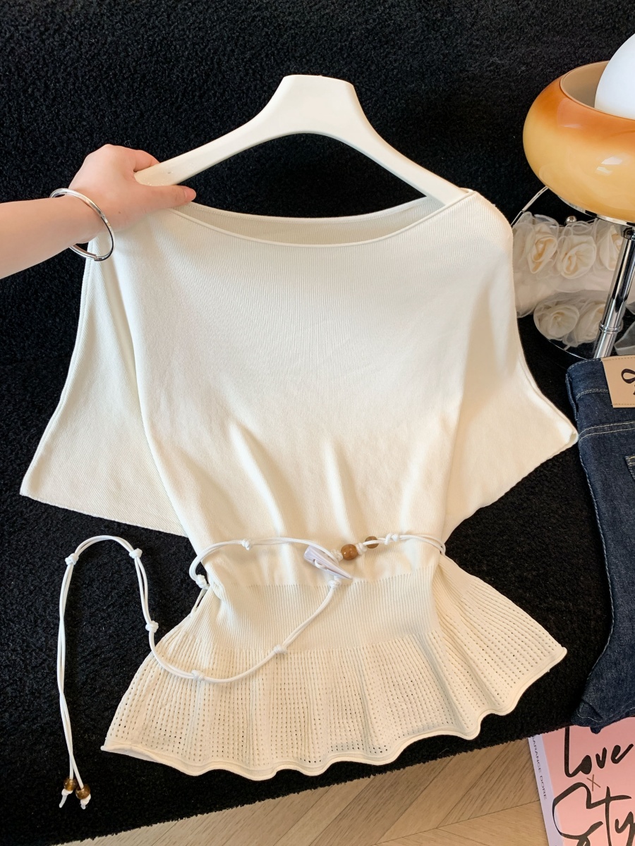 실사 한 부서 Chic 연령 감소 배트윙 소매 라운드 넥 오프숄더 니트 느긋한 바람 품격 패션 고급 벨트 포함