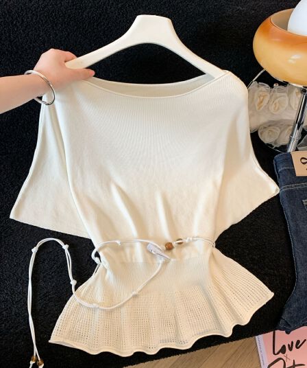 실사 한 부서 Chic 연령 감소 배트윙 소매 라운드 넥 오프숄더 니트 느긋한 바람 품격 패션 고급 벨트 포함
