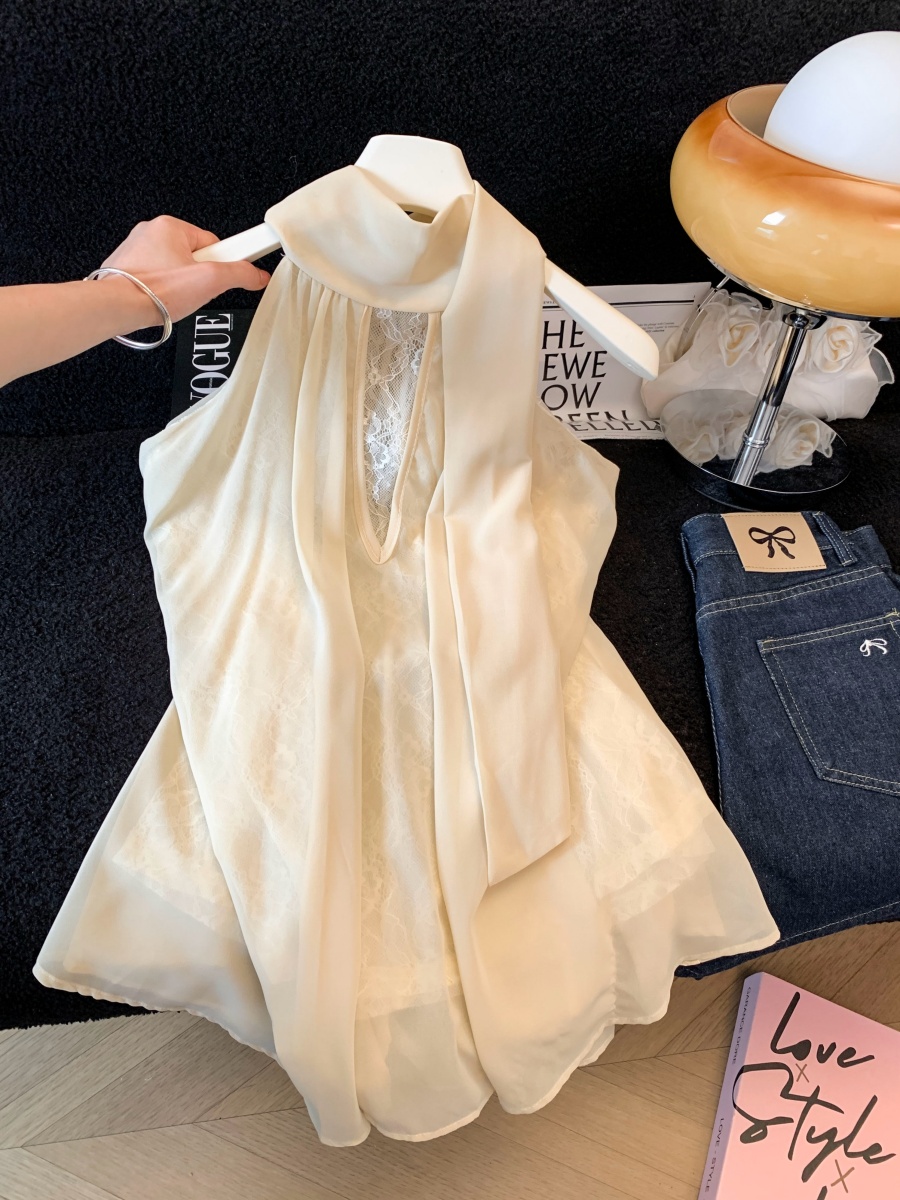 실사 고급 센스 리본 행침 목 분말 색상 캐미솔 여름 2026 새로운 레이스 조각 민소매 맨위