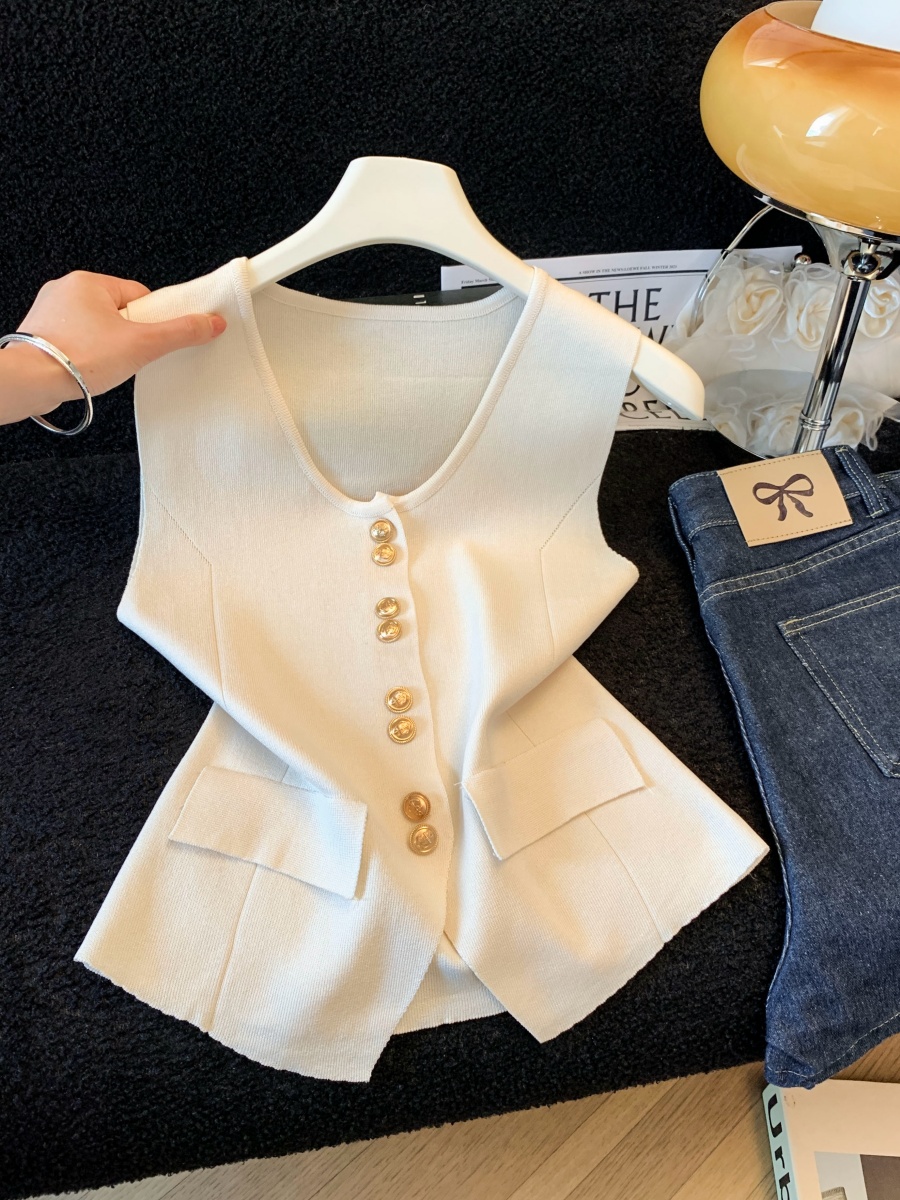 실사 2026 여름 새로운 프랑스식 오래된 돈 바람 Chic 단추 니트 베스트 조끼 여름 민소매 맨위
