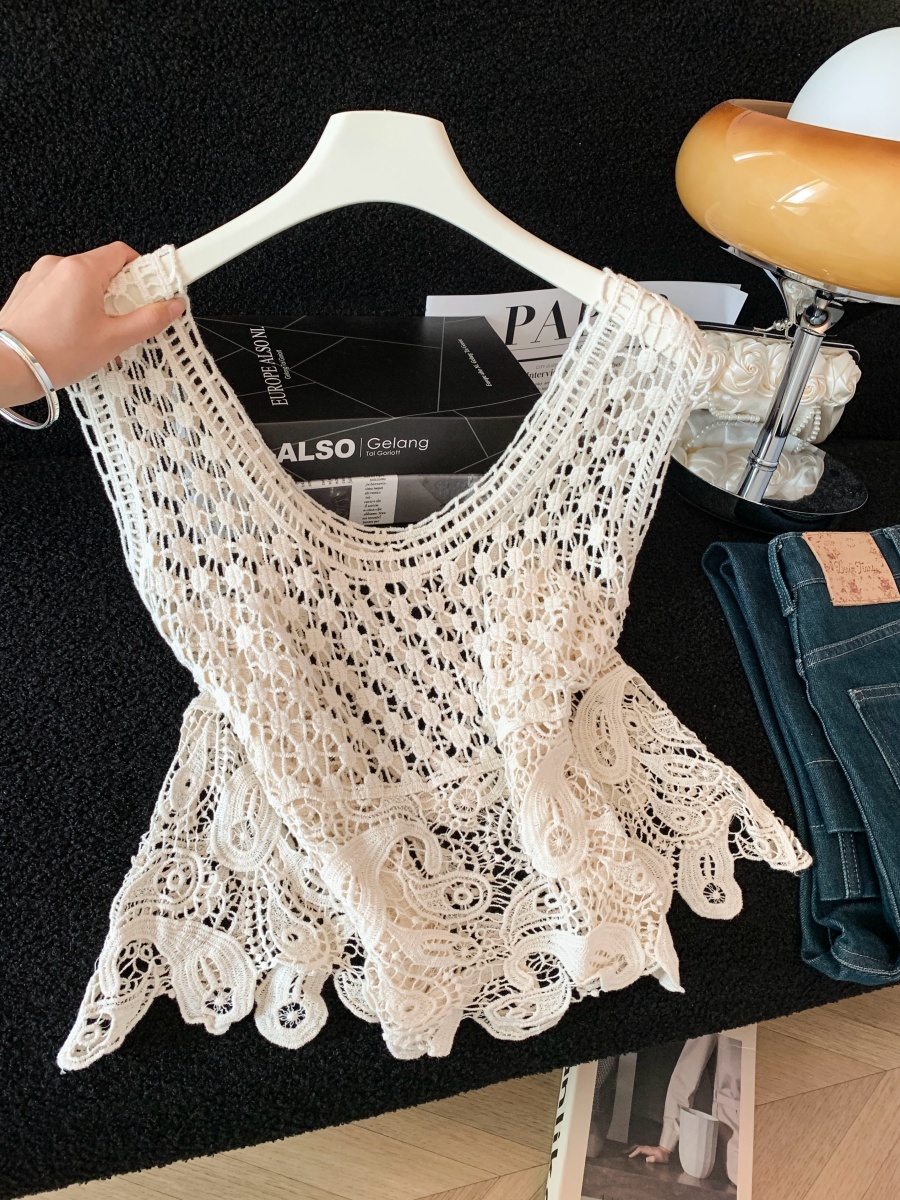 실사 한 부서 chic Chic 여름 휴가 외출용 홀로우 아웃 니트 민소매 맨위 여성 새로운 외출용 레이스