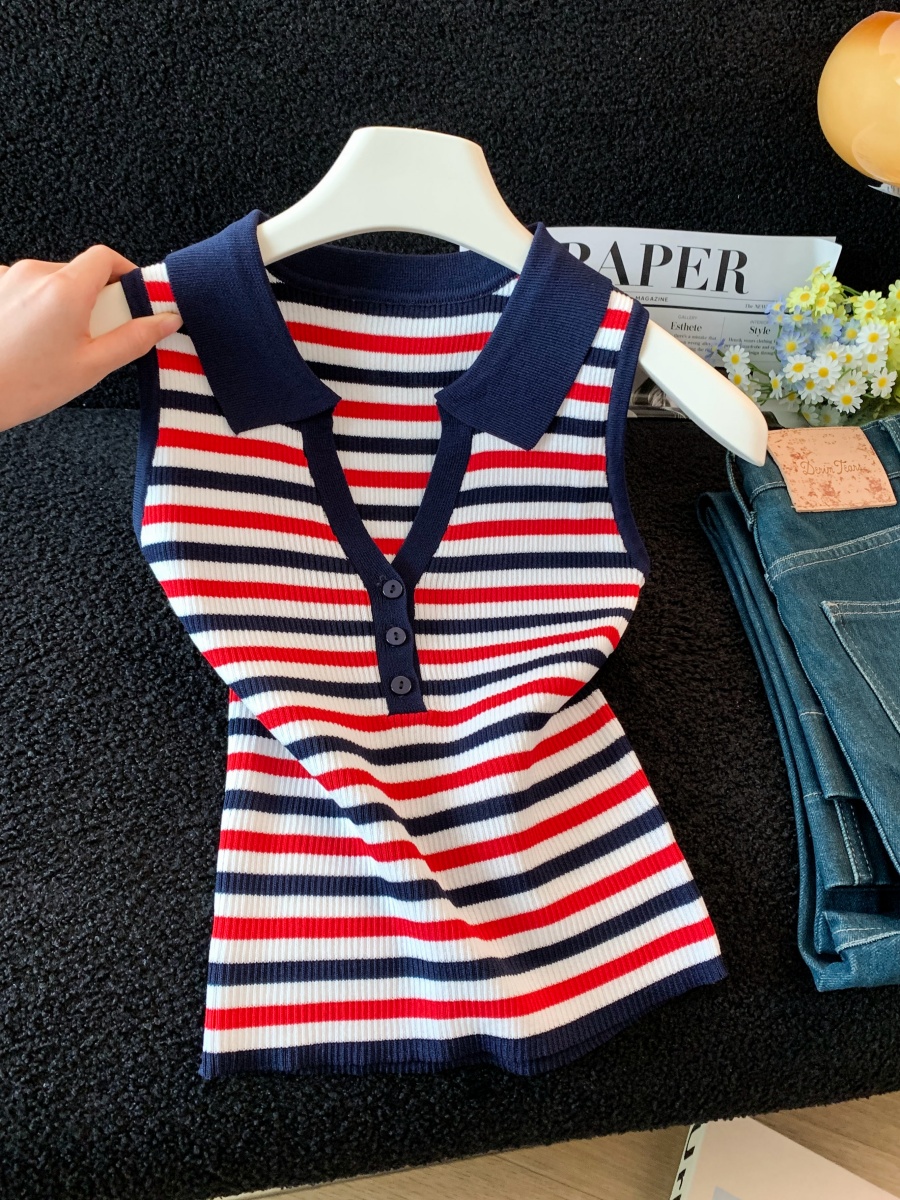 실사 학원 스타일 스트라이프 니트 조끼 여성 여름 새로운 외출용 다용도 연령 감소 민소매 어깨 작은 셔츠 맨위