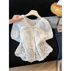 批发实拍2026夏季法式甜美风棉麻刺绣<b class='q'>镂空</b>系带圆领衬衫女减龄蕾丝上衣