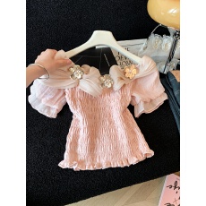 批发实拍<b class='q'>一字肩</b>荷叶边雪纺衬衫女夏季纯欲法式露肩上衣独特绝美衬衣