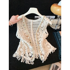 批发实拍2026<b class='q'>夏</b>季镂空钩花V领针织开衫时尚拼接蕾丝设计感无袖上衣