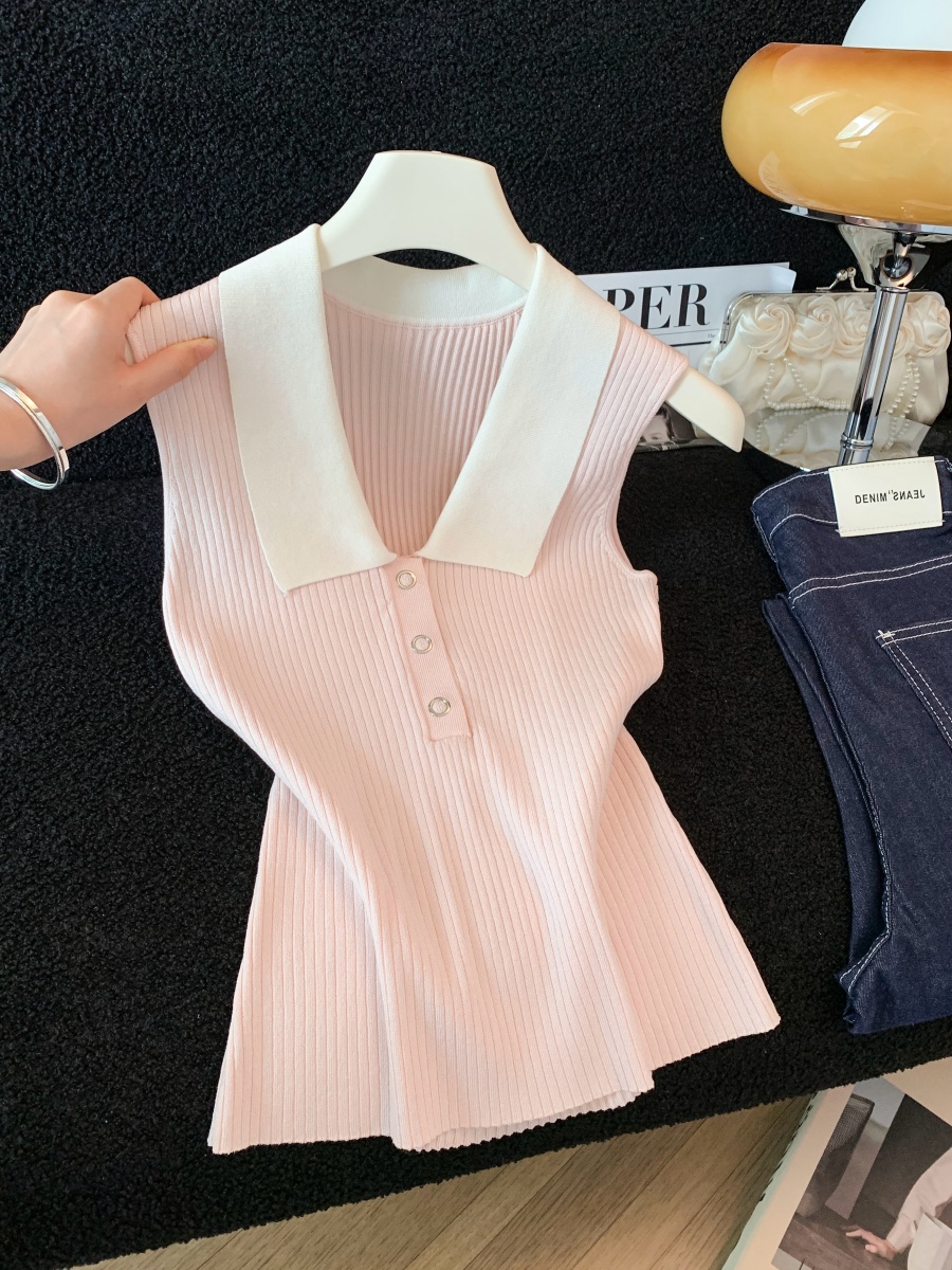 실사 여름 새로운 POLO 칼라 니트 조끼 여성 민소매 몸매 가꾸기 슬림해 보이는 프랑스식 레트로 다용도 맨위