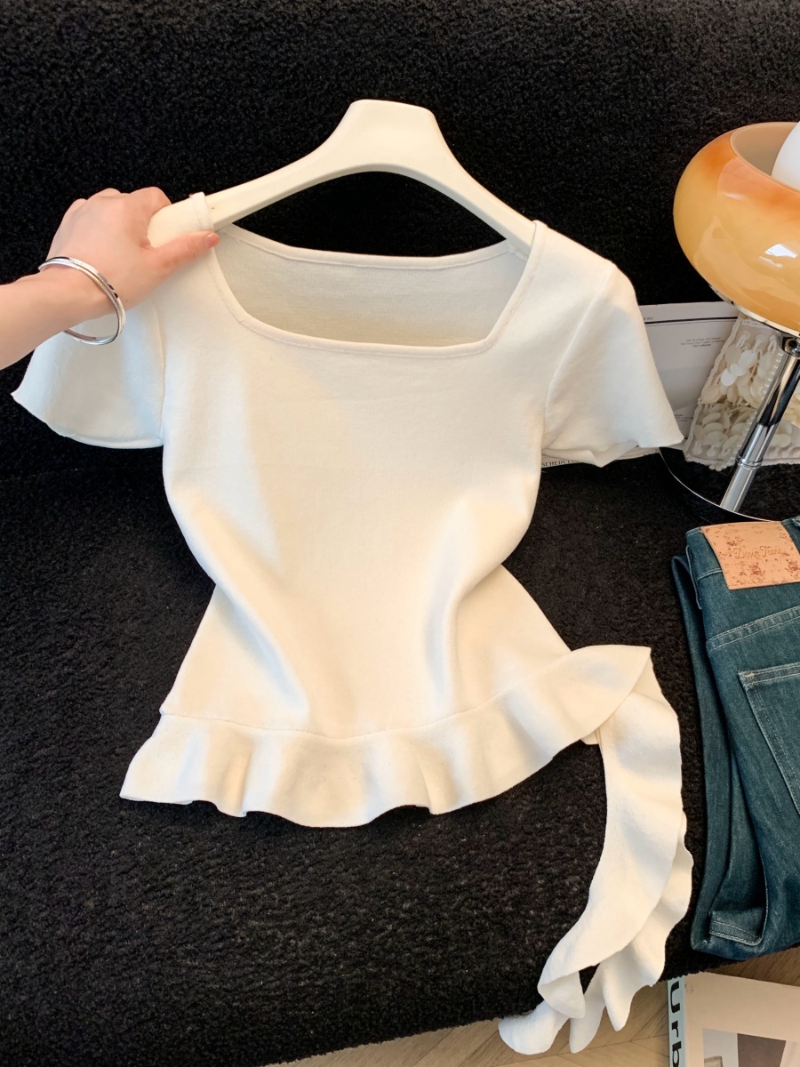 실사 한 부서 달콤함 불규칙 리본 슬림해 보이는 반팔 여성 여름 새로운 다용도 디자인 센스 주름 니트 스웨터