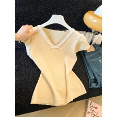 批发实拍新款显瘦外穿薄款飞飞袖女夏季新款小清新针织短袖