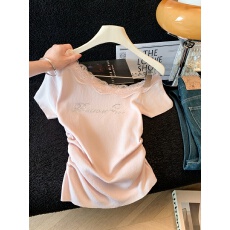 批发实拍斜肩设计感拼接蕾丝花边短袖针织夏季新款不规则收腰显瘦上衣