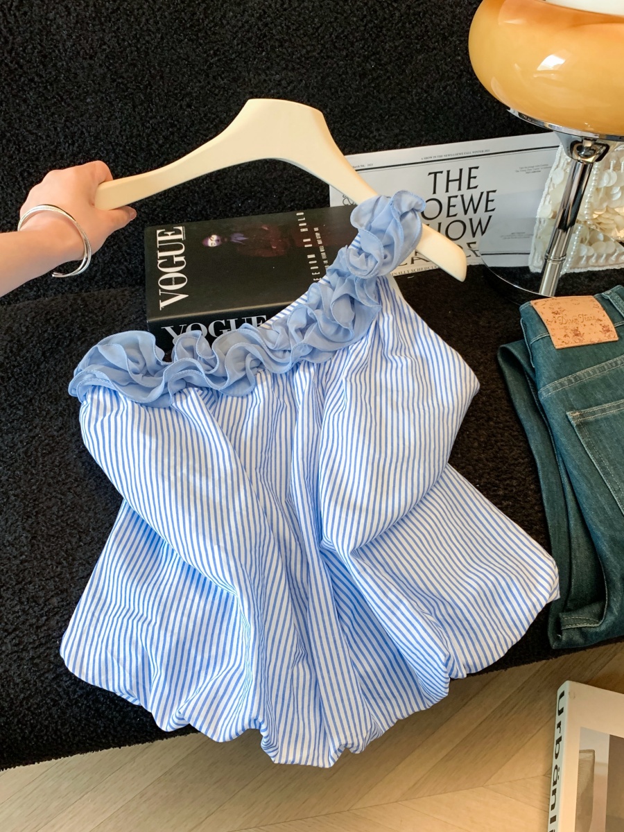 실사 비스듬한 어깨 민소매 외국 가스 여성 셔츠 여름 ootd 착용 가져 가라. 새로운 셔츠 Chic 그레이트 봐. 의류 트렌디