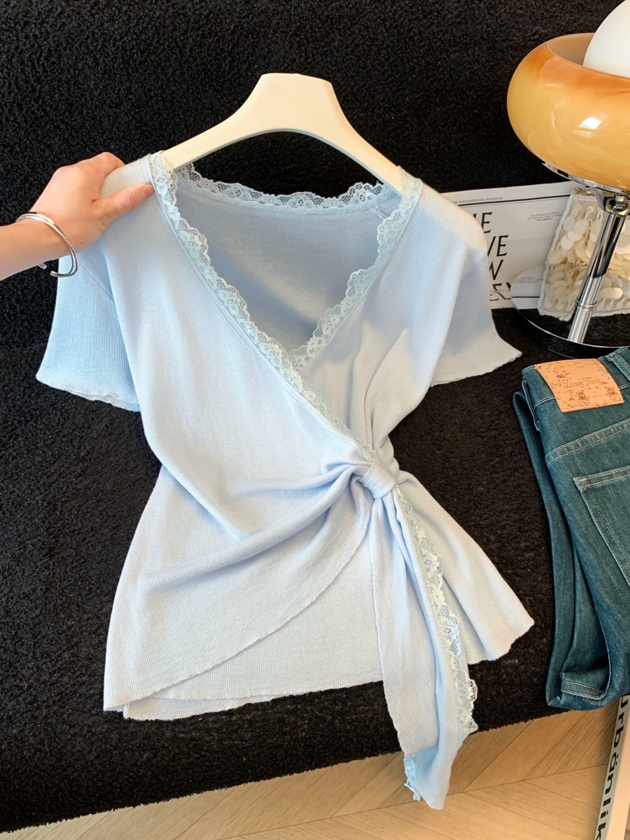 실사 여름 디자인 센스 레이스 십자가 V넥 허리 수축 슬림해 보이는 불규칙 스트랩 품격 슬림해 보이는 만나는 맨위