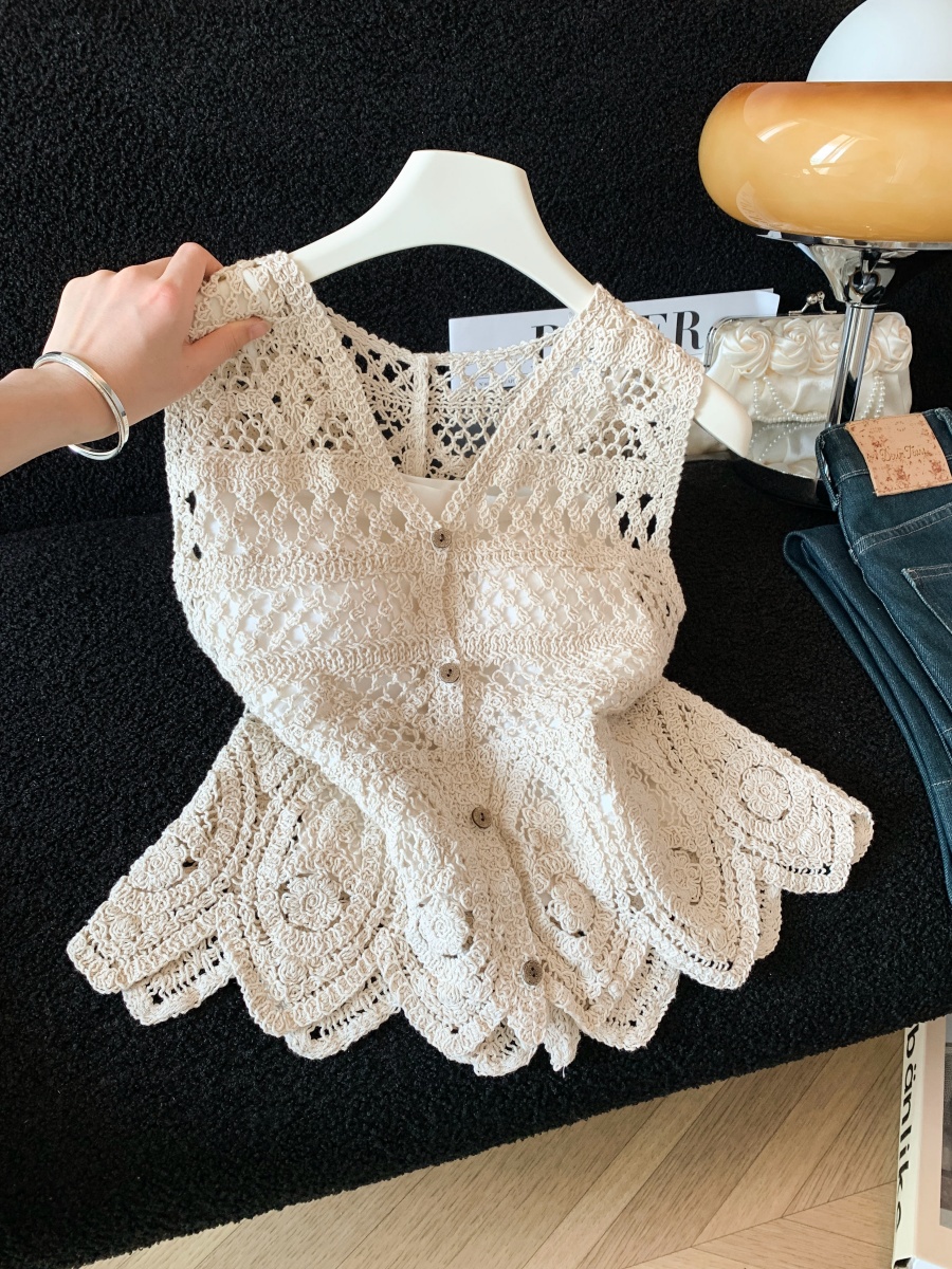 실사 한 부서 chic Chic 여름 휴가 외출용 홀로우 아웃 니트 민소매 맨위 여성 새로운 외출용 레이스