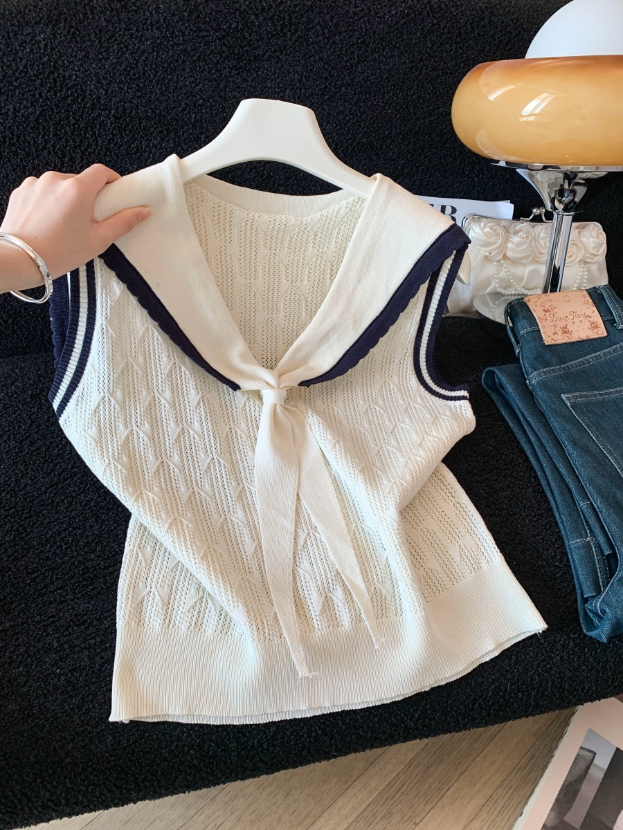 실사 프랑스식 해군 칼라 V넥 얼음 실크 니트 반팔 티셔츠 여성 여름 배색 민소매 조끼 몸매 가꾸기 숄 맨위