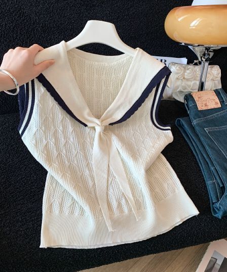 실사 프랑스식 해군 칼라 V넥 얼음 실크 니트 반팔 티셔츠 여성 여름 배색 민소매 조끼 몸매 가꾸기 숄 맨위