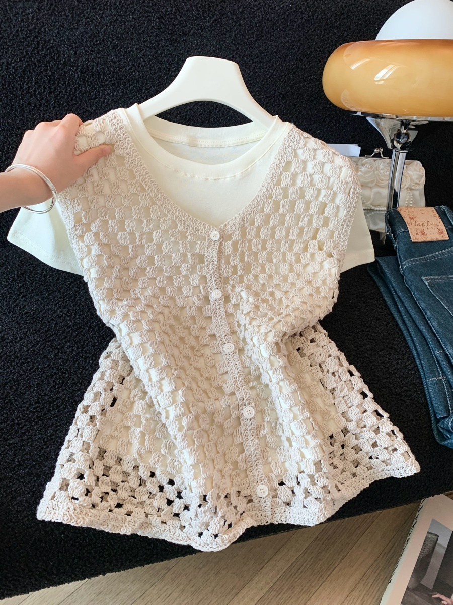 실사 한 부서 홀로우 아웃 어깨 니트 오픈 가디건 2026 여름 자이언트 잘 생긴 스택 착용 반팔 기본 셔츠 투피스 세트