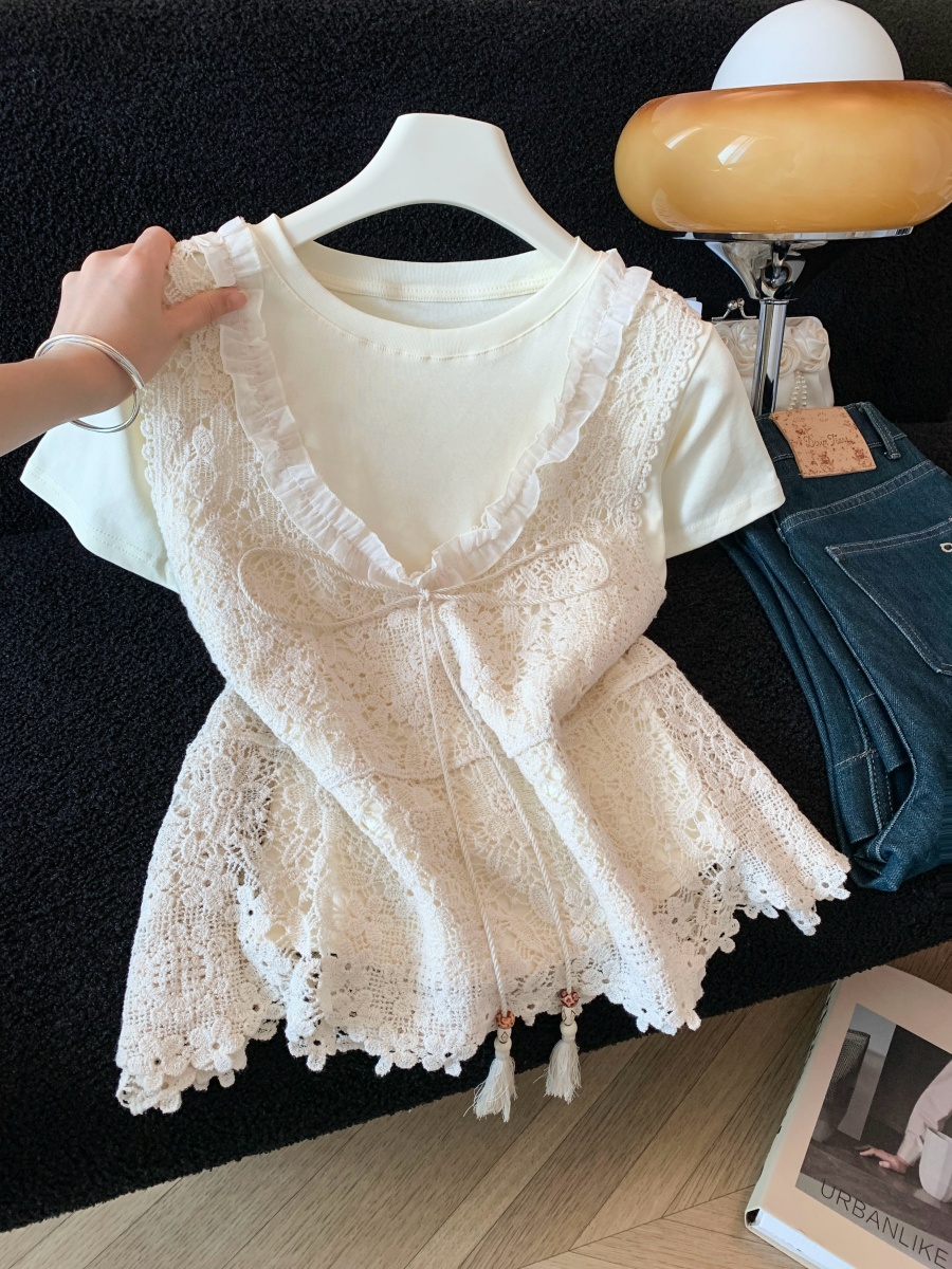 실사 여름 홀로우 아웃 자수 니트 조끼 여성 새로운 단색 다용도 민소매 스택 착용 슬립 맨위 투피스 세트