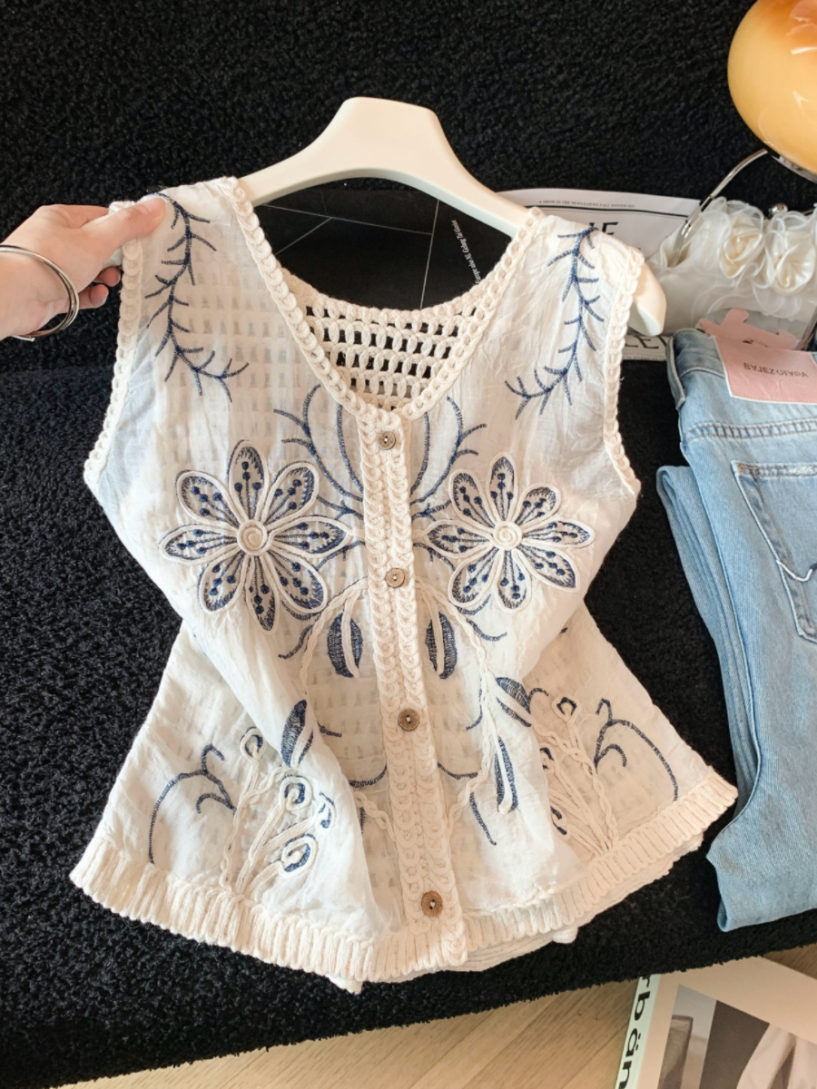 실사 한 부서 chic Chic 여름 휴가 외출용 홀로우 아웃 니트 민소매 맨위 여성 새로운 외출용 레이스