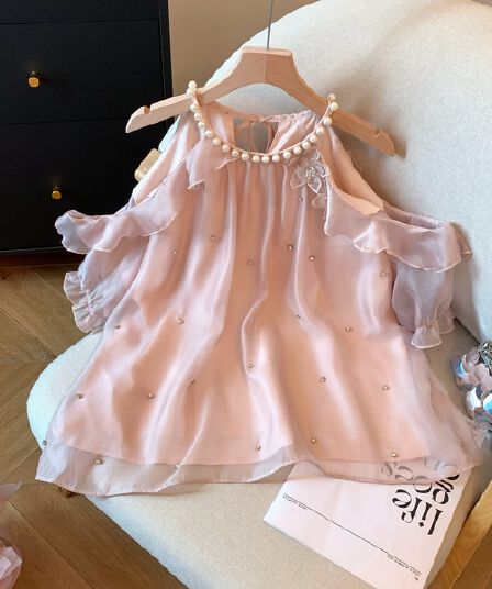 실사 부드러운 바람 순수한 욕망 섹시함 오프숄더 3 차원 꽃 무거운 작업 훈련 연령 감소 쉬폰 블라우스 슈퍼 요정 가스 중간 길이 맨위