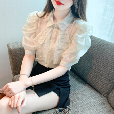 批发实拍2026夏季新款韩版短袖钉珠<b class='q'>泡泡袖</b>缎面衬衫女超仙的雪纺<b class='q'>衫</b>