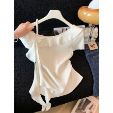 批发实拍韩系甜美不规则飘带显瘦短袖女<b class='q'>夏季</b>新款百搭设计感褶皱针织衫