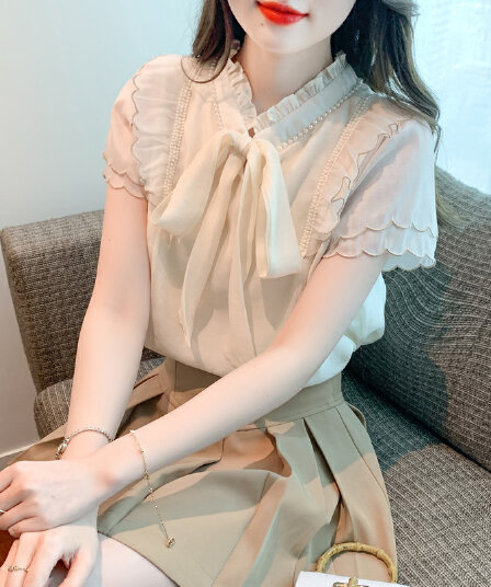 실사 2026 여름 새로운 나비 매듭 프릴 칼라 쉬폰 블라우스 셔츠 양성 및 음성 둘 착용 반팔 맨위
