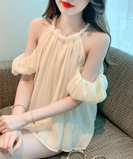 실사 차 휴식 프랑스식 진주 행침 목 섹시함 맨위 여성 여름 새로운 품격 부드러운 쉬폰 블라우스 슈퍼 요정