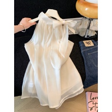 批发实拍纯色蝴蝶结系带挂脖<b class='q'>无袖</b>背心女2026夏季气质宽松显瘦衬衫上衣