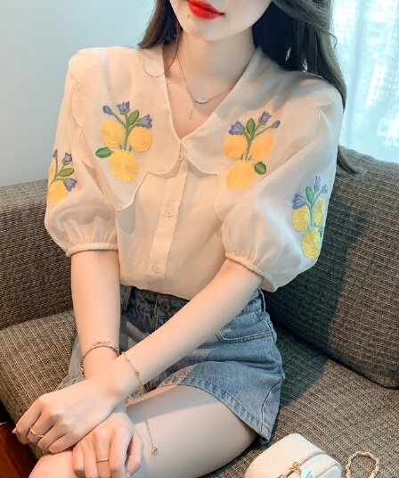 실사 쉬폰 여성 셔츠 2026 년 새로운 프랑스식 Chic 자수 베이비 칼라 레이스 맨위 긴팔 기본 셔츠