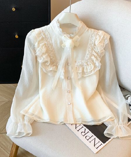 실사 가을 새로운 궁정 프랑스식 빛 럭셔리 레이스 꽃 반하이넥 Chic 디자인 센스 바지를 입는 셔츠