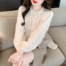 批发实拍秋季雪纺衬衫2026年新款甜美纯色长袖上衣刺绣花边打底衫