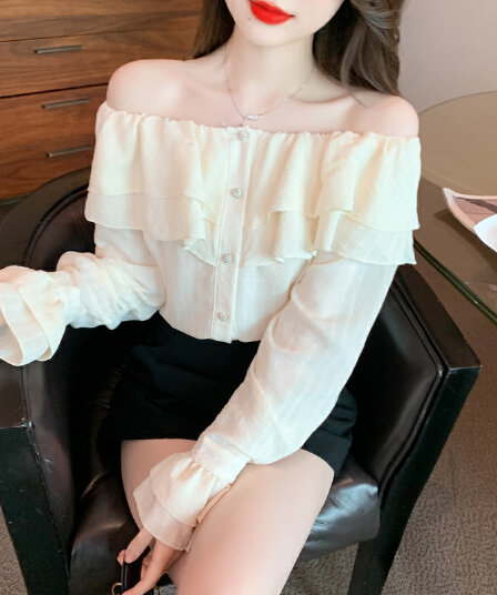 실사 2026 부드러운 바람 프릴 섹시함 오프숄더 달콤함 단색 숙녀 셔츠 품격 태양 보호 셔츠 맨위