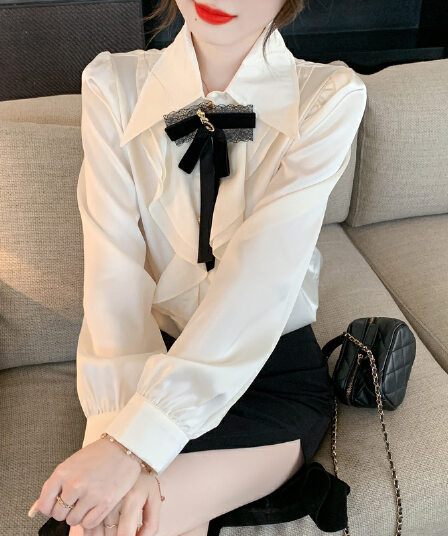 실사 가을 2026 년 새로운 작은 샤넬 스타일 레이스 새틴 여성 셔츠 인사이드 가져 가라. 레이스 긴팔 맨위