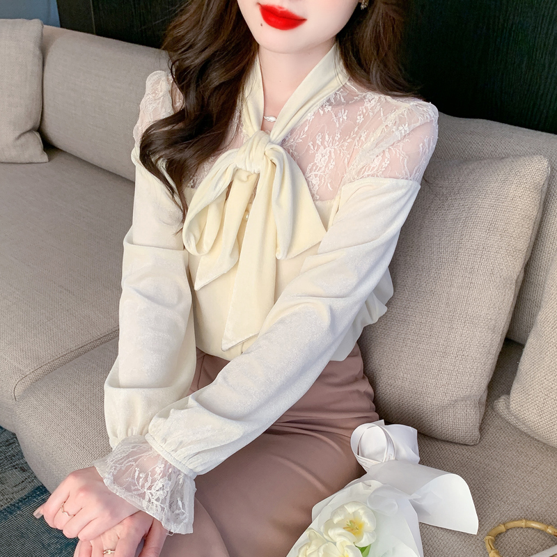 秋季新款仙气蕾丝拼接性感丝绒衬衫女内搭修身长袖上衣 服裝批發女裝批發服飾貨源