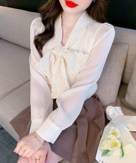 실사 가을 쉬폰 여성 셔츠 2026 년 새로운 달콤함 단색 긴팔 맨위 나비 매듭 기본 셔츠