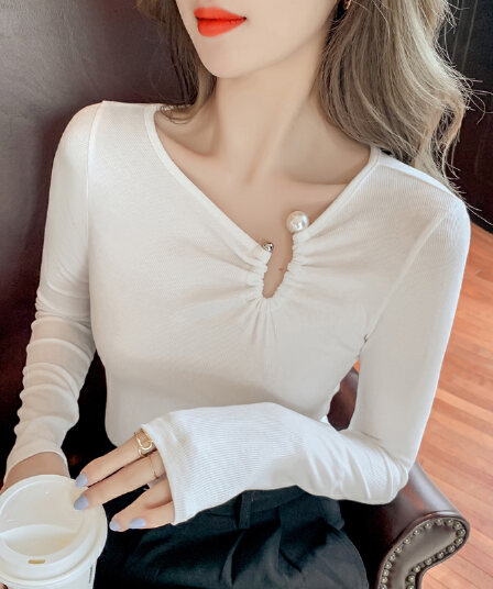 실사 티셔츠 여성 가을 2026 년 새로운 V넥 인터넷 유명인 인사이드 가져 가라. 불규칙 타이트 기본 셔츠 맨위