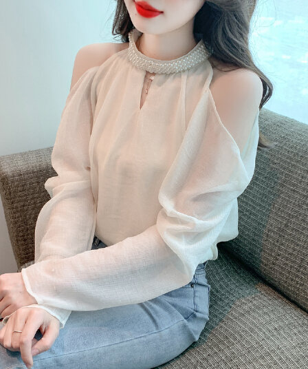 실사 2026 가을 새로운 프랑스식 긴팔 행침 목 섹시함 오프숄더 품격 쉬폰 태양 보호 셔츠 맨위