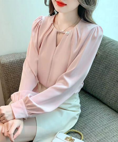 실사 2026 쉬폰 여성 셔츠 가을 새로운 프랑스식 고급 센스 미니멀리즘 싱글 버클 홀로우 아웃 맨위 여성